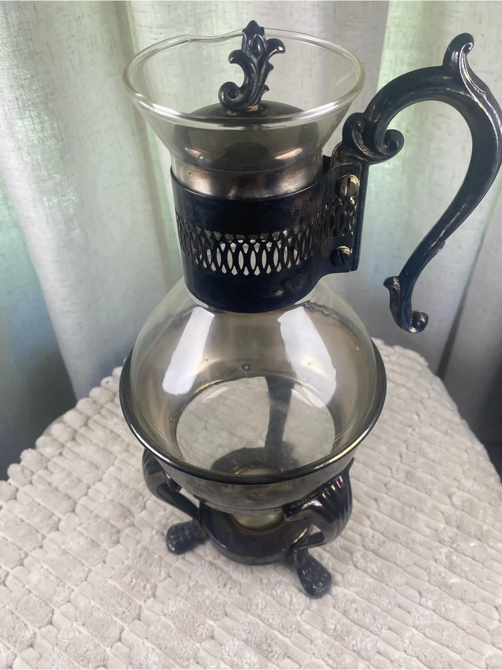 Vintage FB Rogers Silverplate Glass Coffee Carafe & Clawfoot Warmer Stand